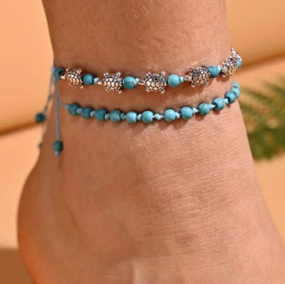 Boho Silver Turtles Anklet Set 2